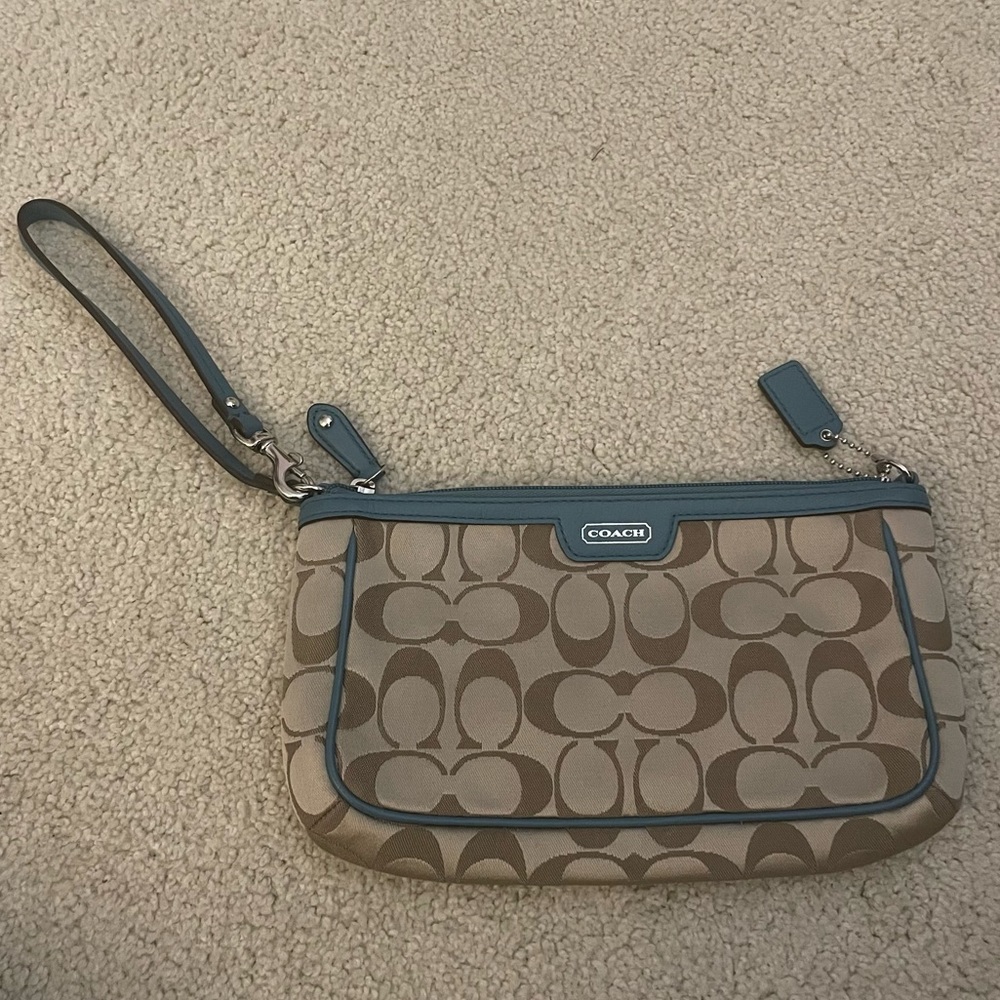 coach tan and teal wristlet wallet
